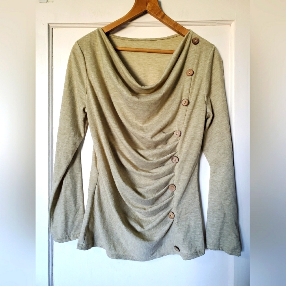 Cowl Neck Button Detail Ruched Cute Long Sleeve Sweater 💕☕